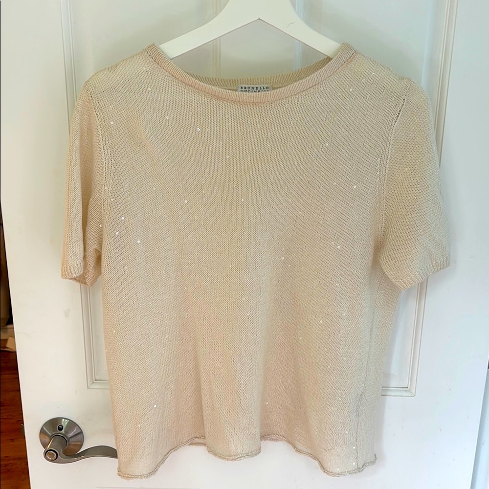 Bruno Cucinelli Beige Short Sleeve Sweater w. Iridescent sequins